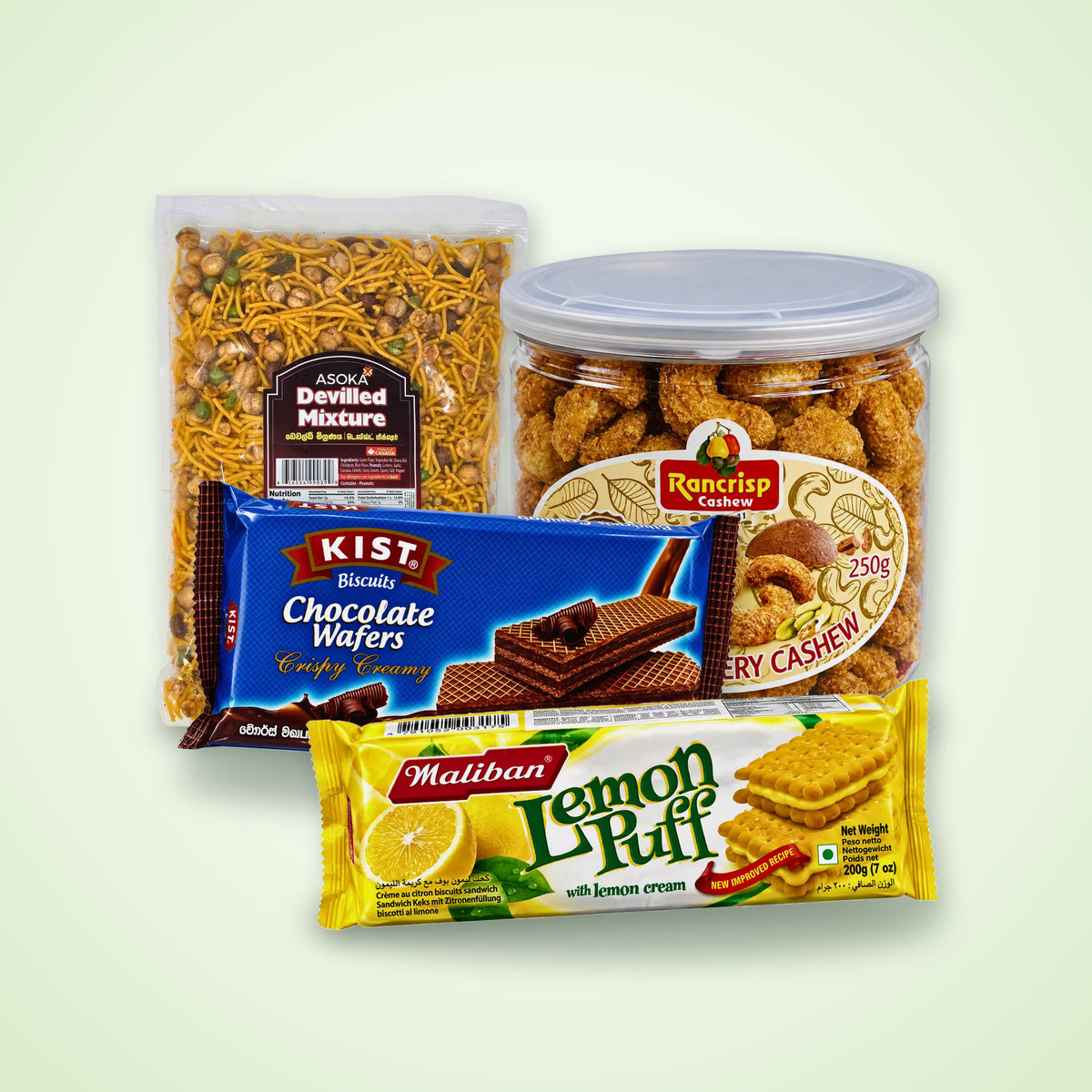 Maliban Lemon Puff, Kist chocolate wafers, Asoka devilled mixture and jaggery cashews