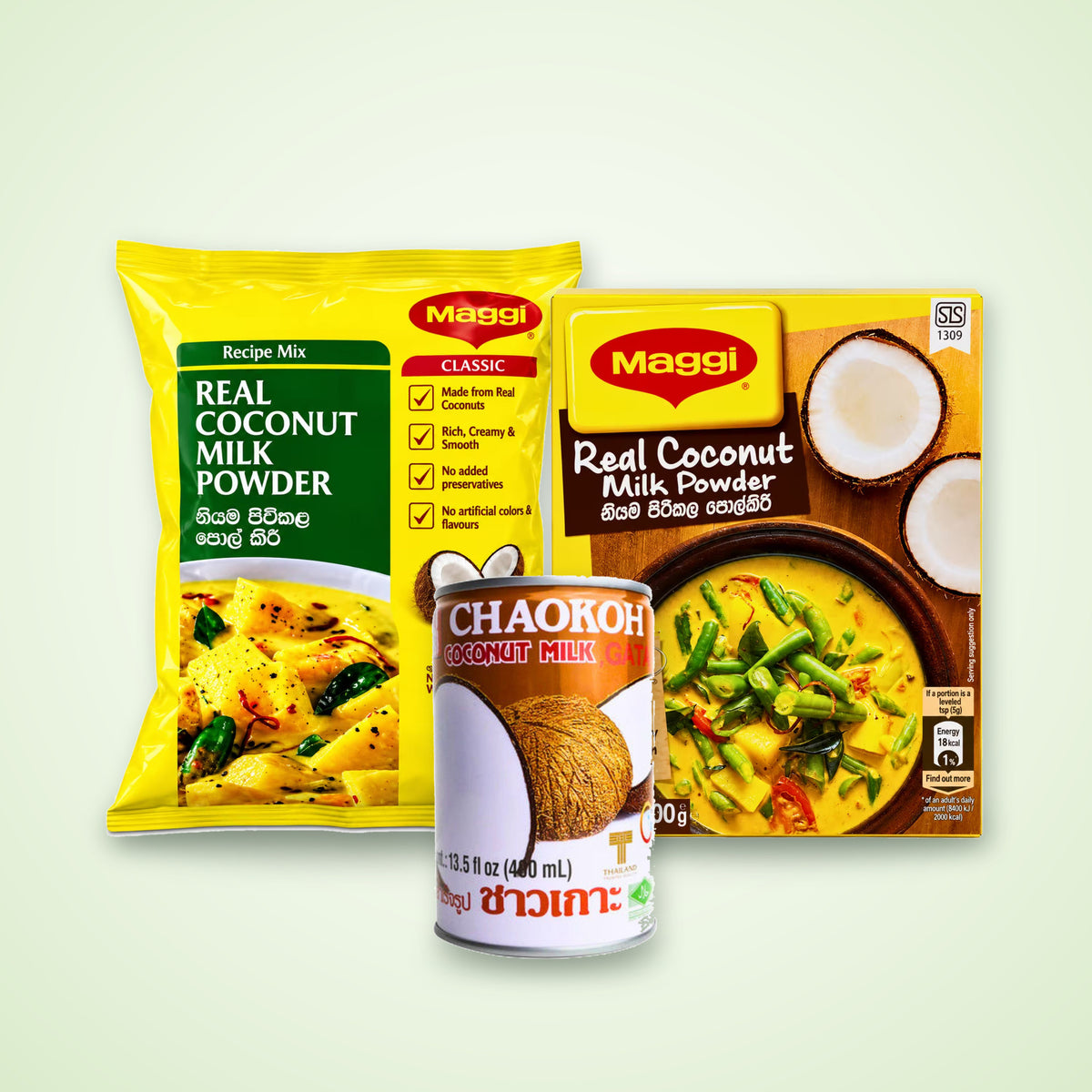 Maggi coconut milk powder and a can of Chaokoh coconut milk