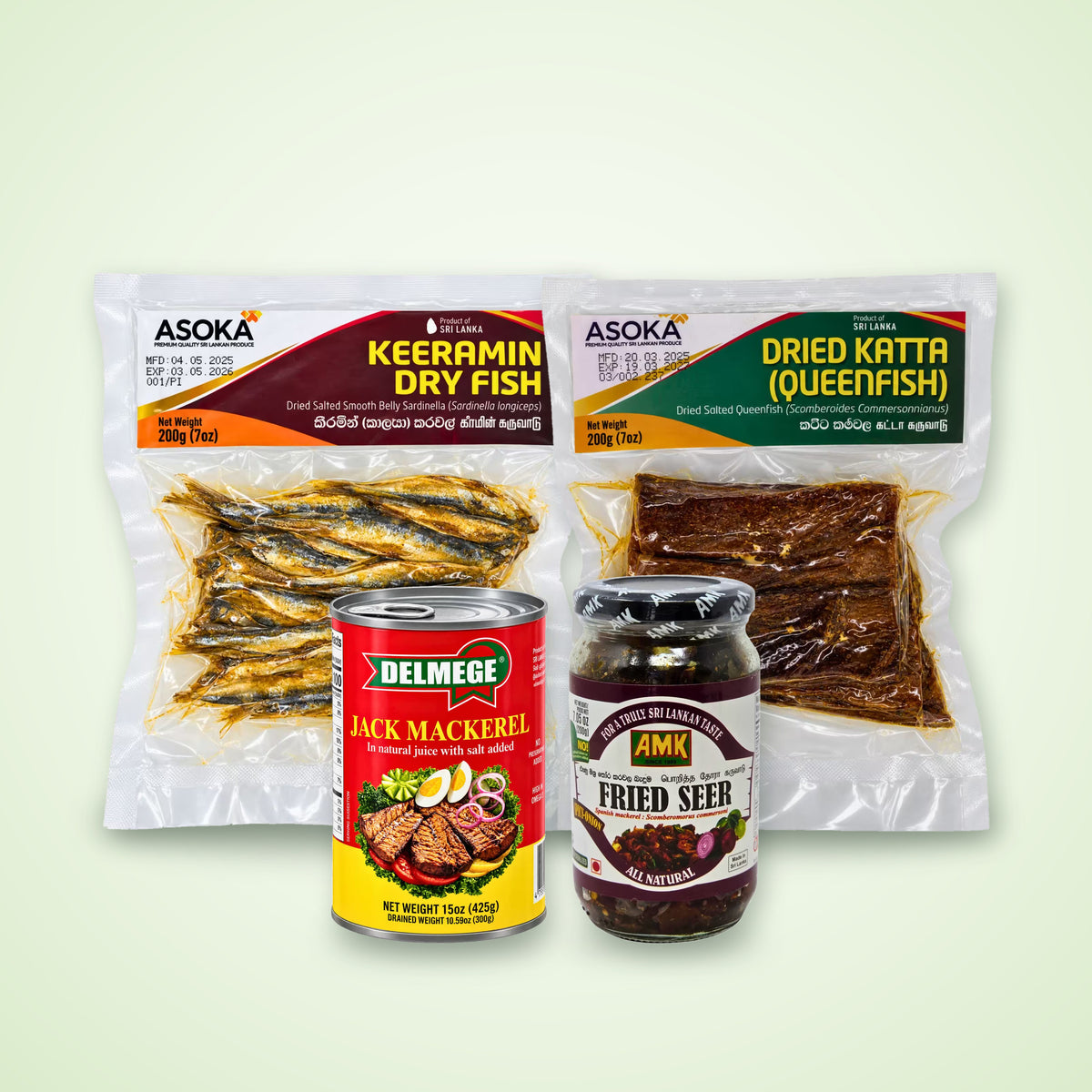 Asoka dried fish, Delmege jack mackerel and AMK fried seer fish