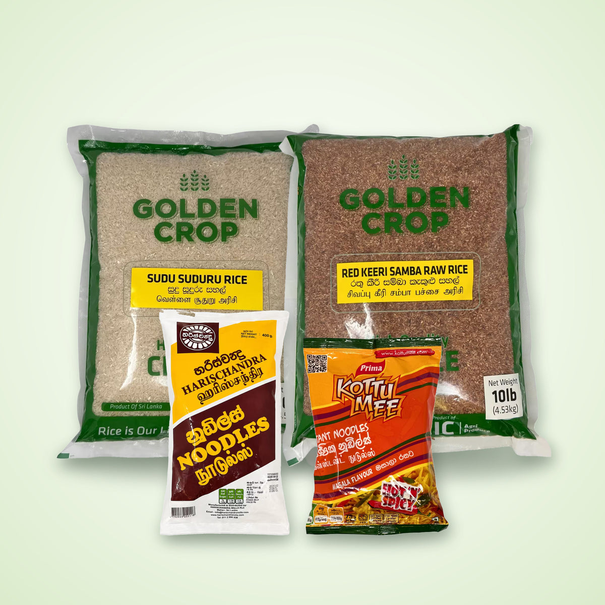 Sri Lankan rice and noodles: CIC Golden Crop rice, Harischandra noodles and Prima Kottu Mee