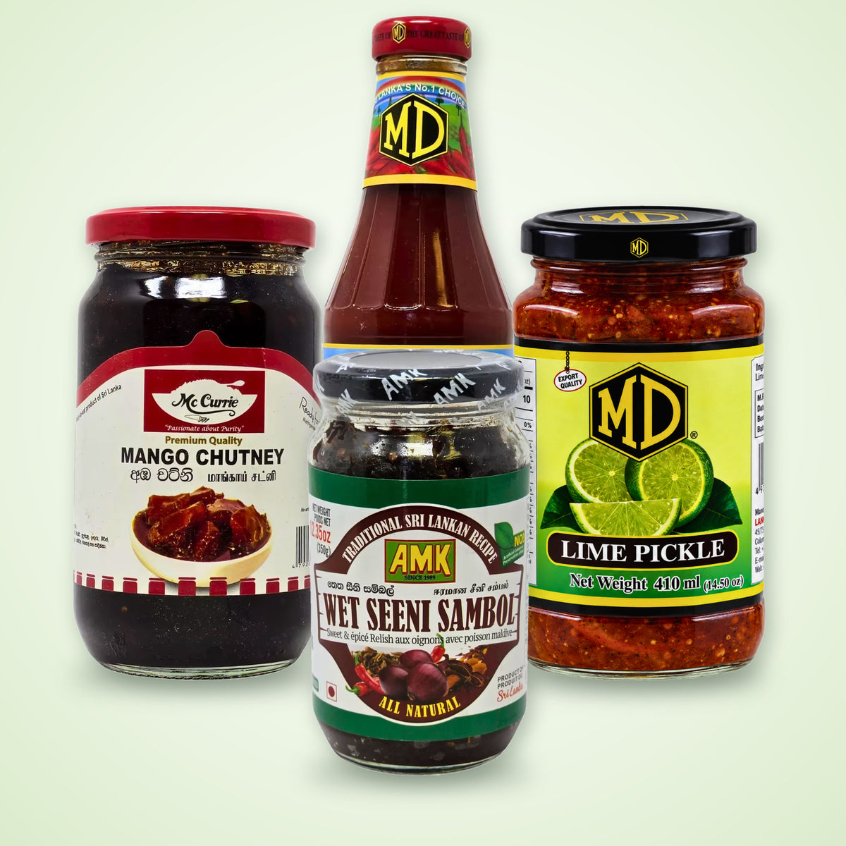 MD chilli sauce, Mc Currie mango chutney, MD lime pickle and AMK seeni sambol