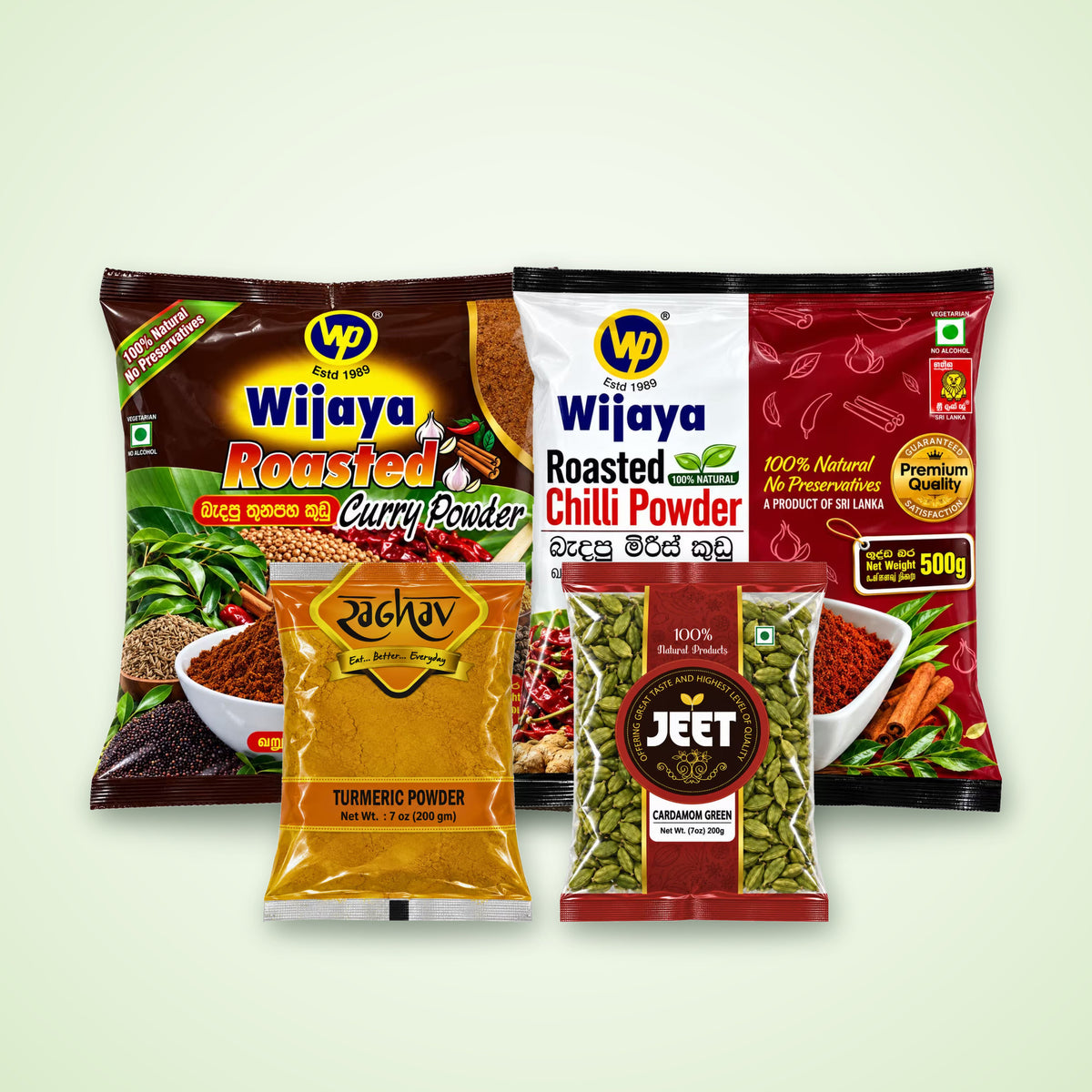 Wijaya roasted curry and chilli powders with turmeric powder and green cardamom