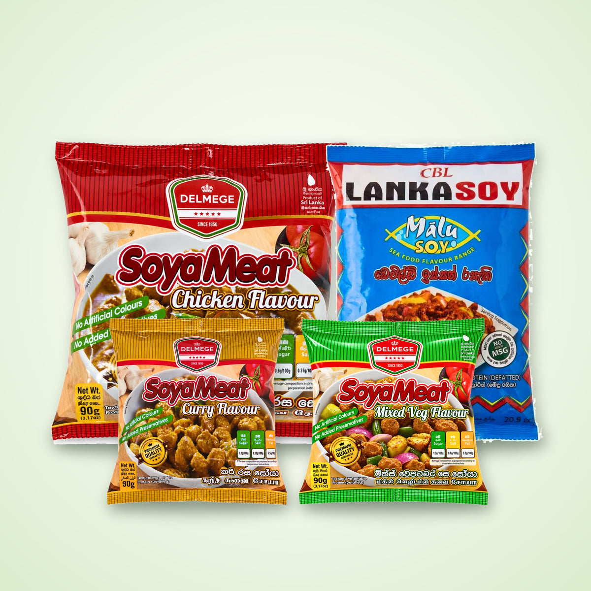 Delmege SoyaMeat and Lankasoy soya meat packs in four flavours