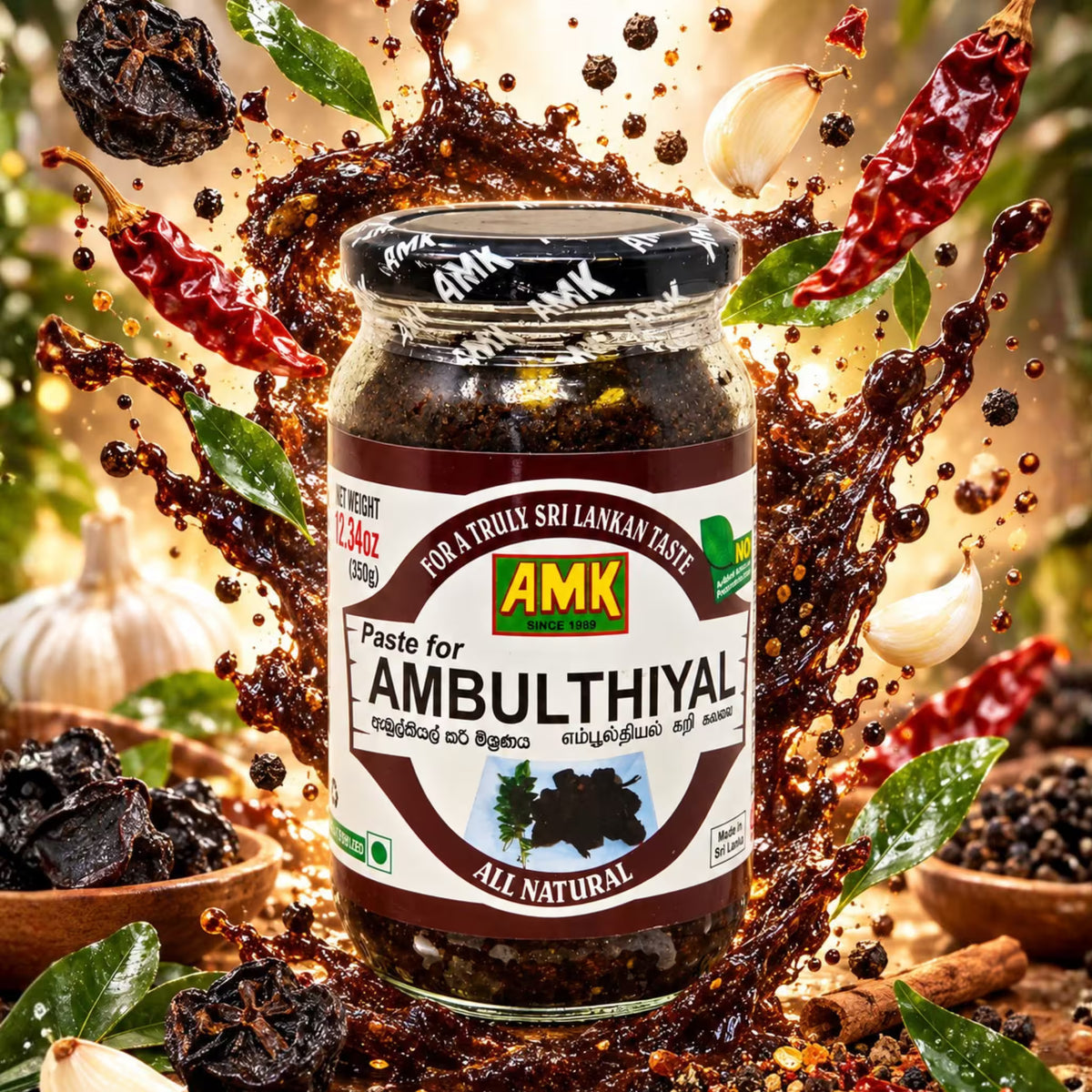 A jar of AMK Paste for Ambulthiyal centered in a dramatic splash scene with chili peppers, garlic, spices, and dark liquid splashing around it. The jar label shows the AMK brand and reads 'Paste for Ambulthiyal' with 'All Natural' at the bottom.