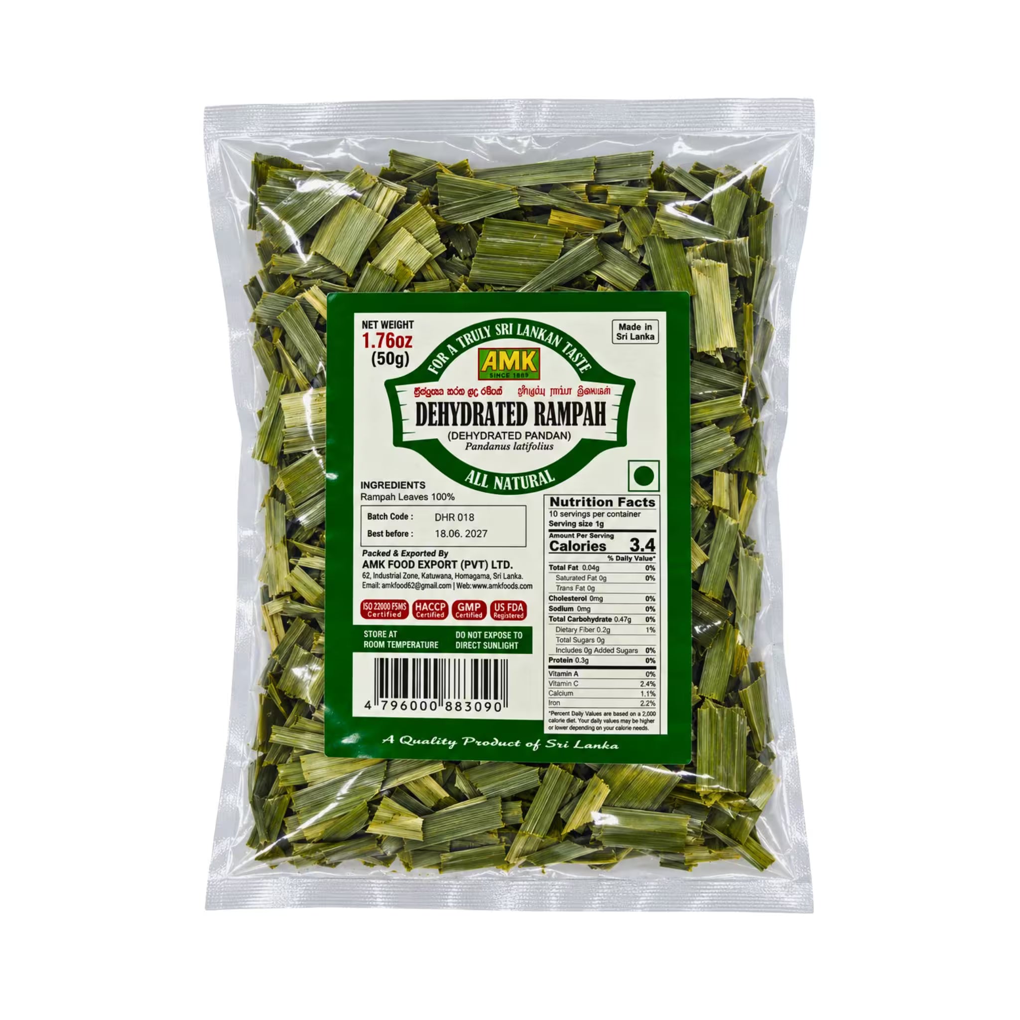 A clear plastic bag of AMK Dehydrated Rampah (dried banana leaves) containing green-brown dried leaves, with a green and white label on the front, set against a plain white background.