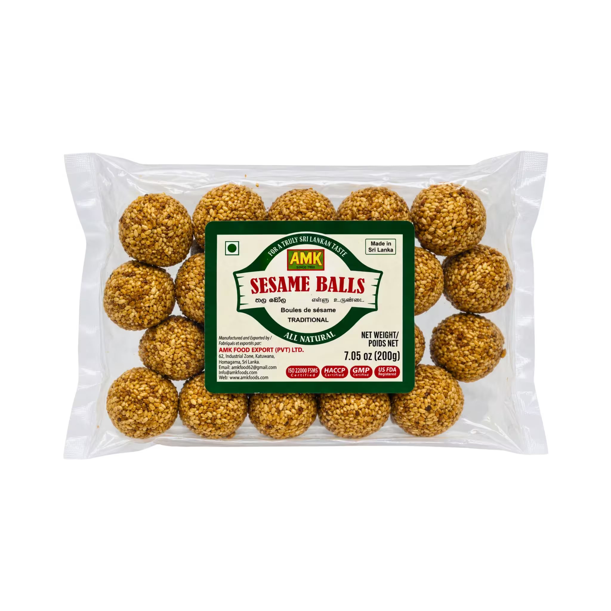 A clear plastic bag of AMK Sesame Balls on a plain white background. The transparent packaging shows the golden-brown, sesame-coated round balls inside, with a green and white label in the center reading 'AMK SESAME BALLS'.