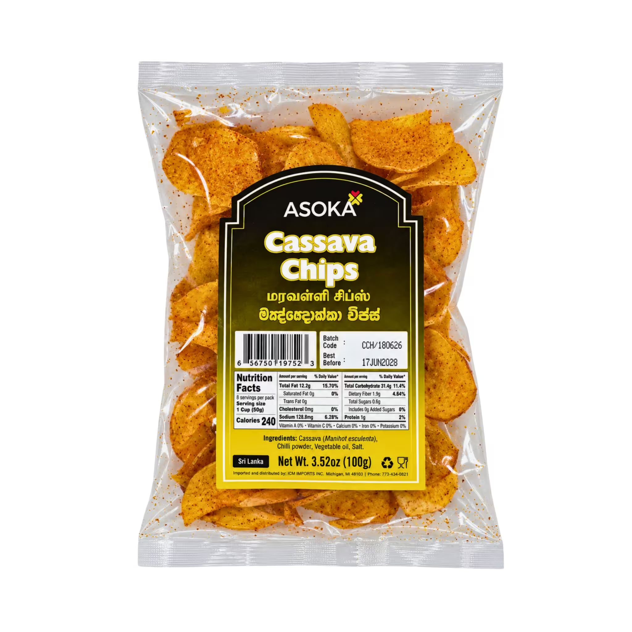 A 100g bag of Asoka Cassava Chips on a plain white background. The clear plastic bag shows the golden-brown, seasoned potato chips inside, with a prominent black and yellow label on the front featuring the brand name 'ASOKA' and product name 'Cassava Chips'.