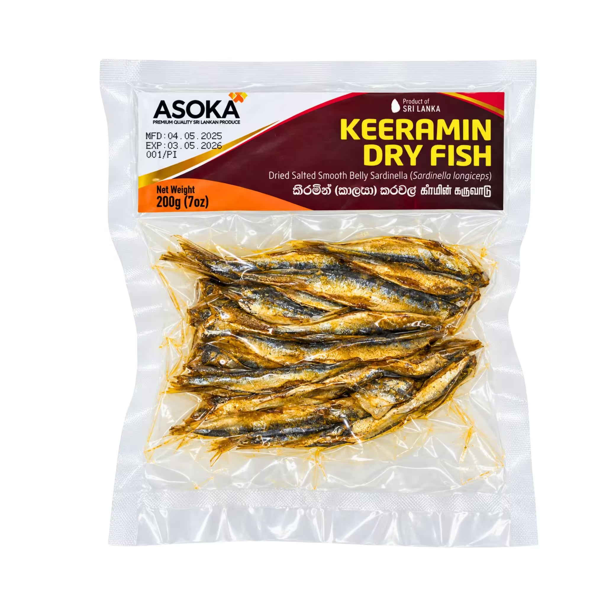A package of Asoka Keeramin Dry Fish, containing dried salted smooth belly sardines, shown in a clear plastic bag with a red and orange label on a white background.