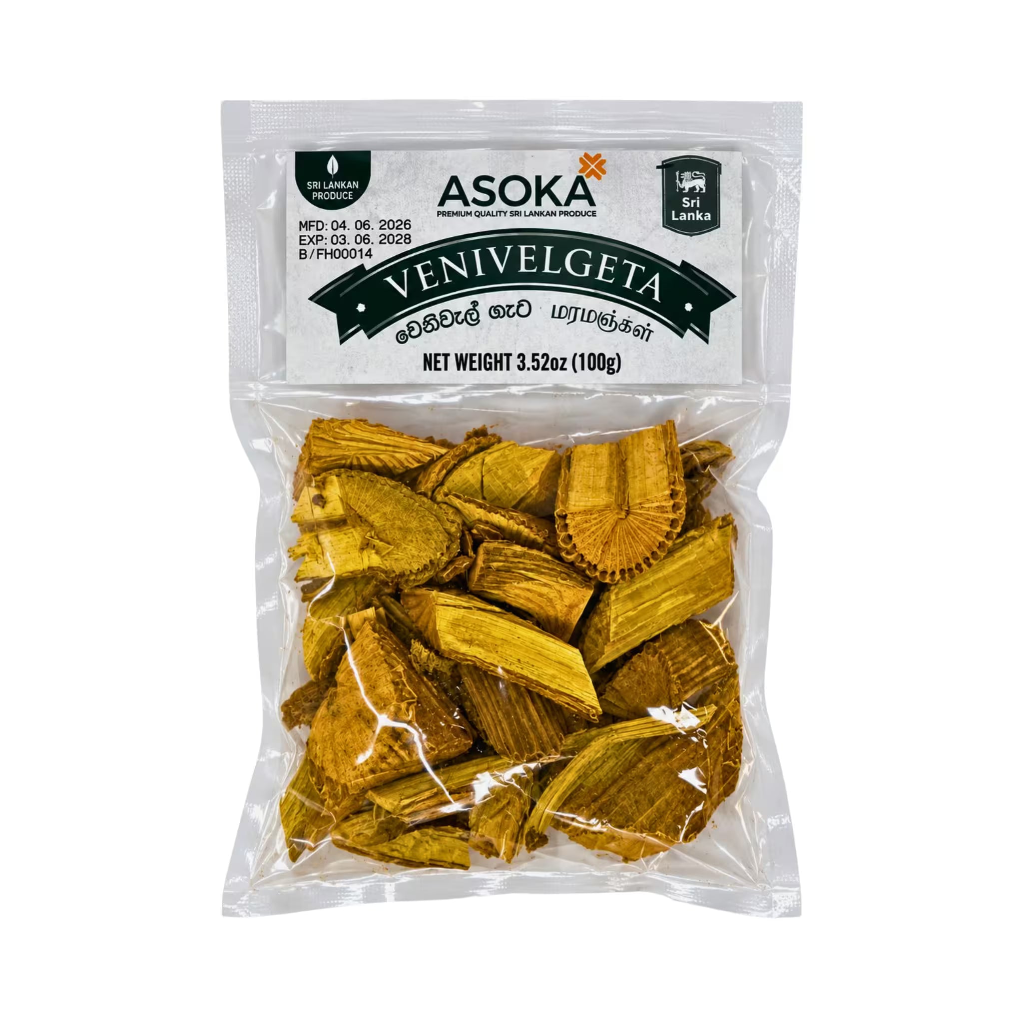 A clear plastic bag of Asoka Venivelgeta Sri Lanka dried mushrooms, showing the golden-brown slices inside against a white background.