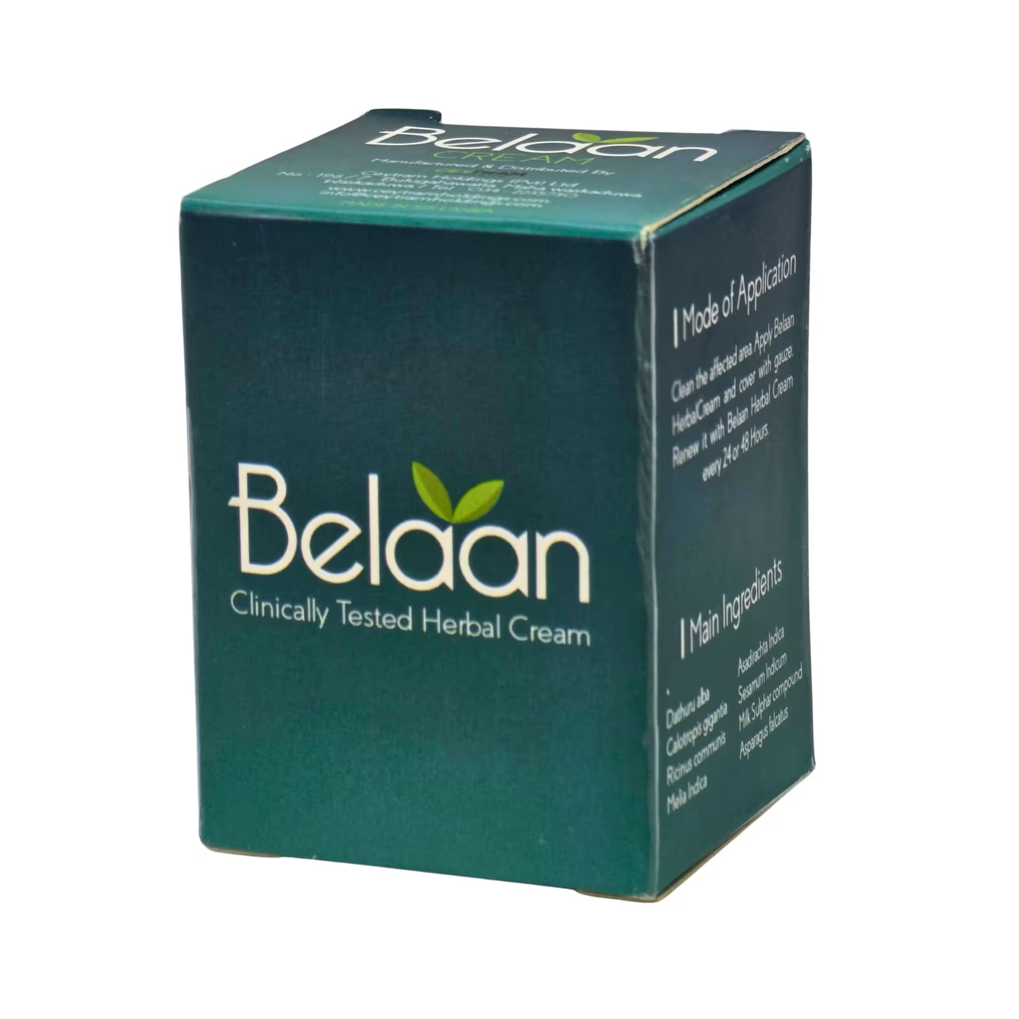 Belaan Herbal Cream green carton — front and side showing main ingredients and mode of application