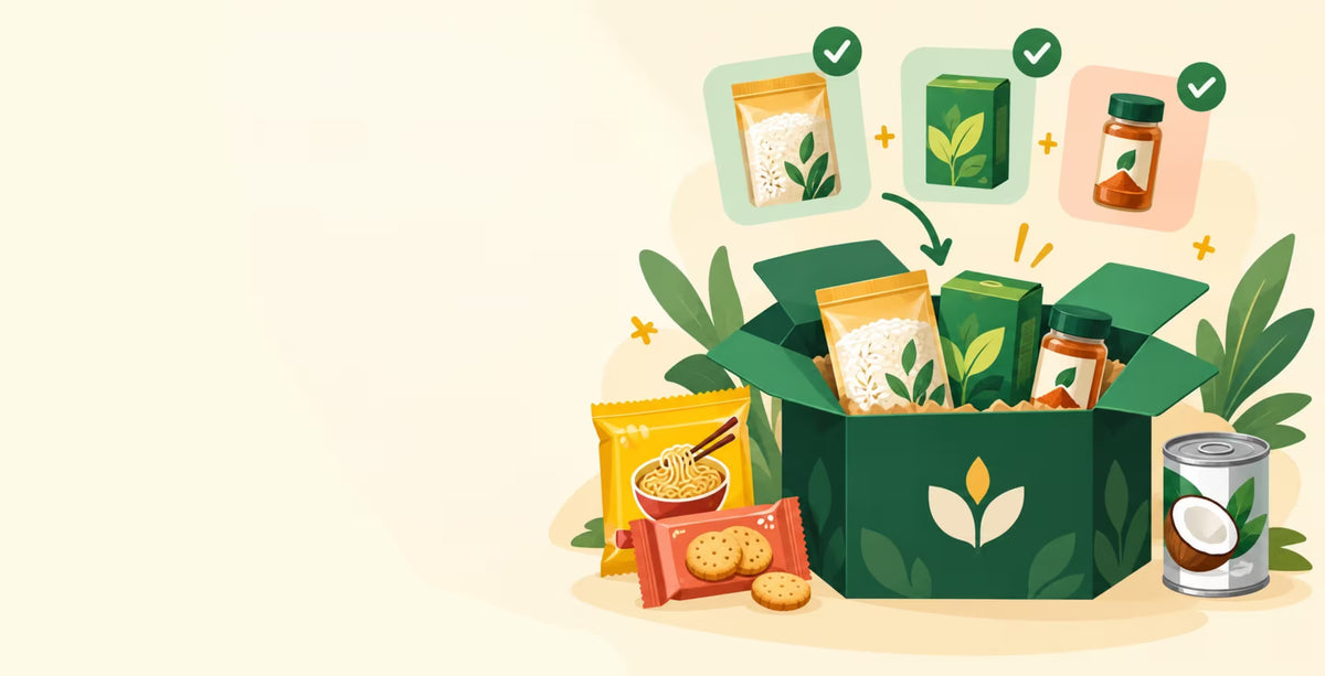 A stylized illustrated open green gift box filled with assorted packaged snacks and tea products, surrounded by decorative leaves on a warm cream background. Small floating package graphics with check marks appear above the box.