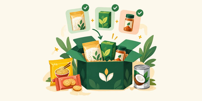 A stylized illustrated green gift box filled with assorted packaged snacks and tea products, surrounded by leaves on a light cream background. Floating product thumbnails with check marks appear above the box.