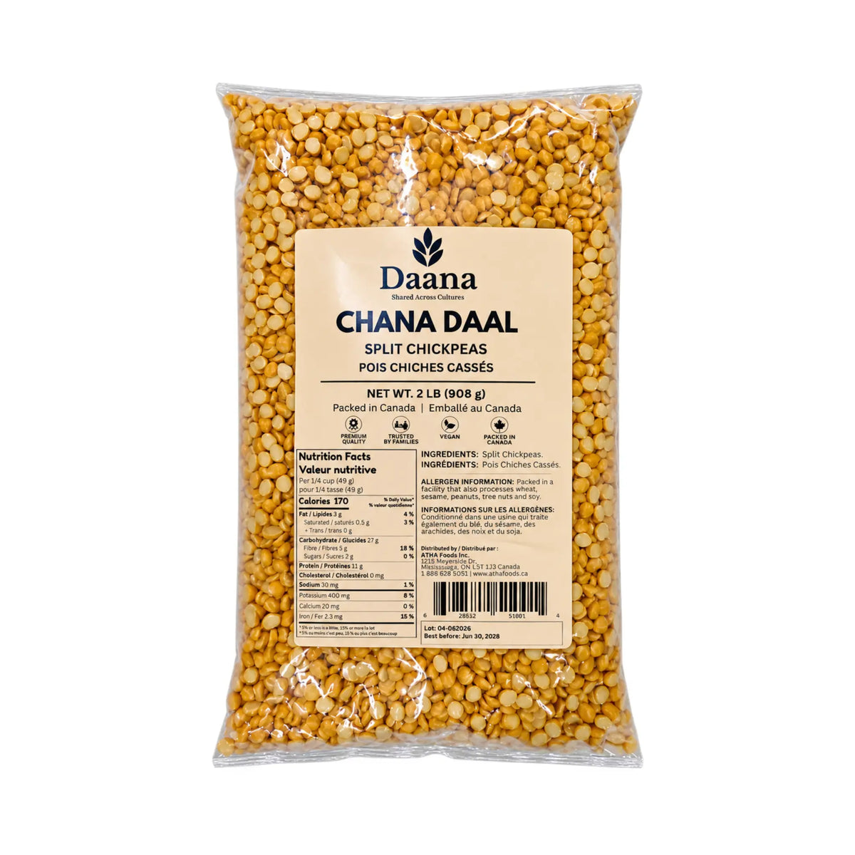 DAANA Chana Daal Split Chickpeas 2 lb bag with nutrition facts and ingredients label