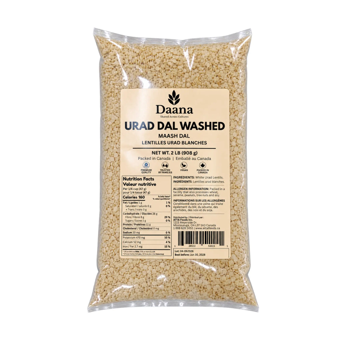 DAANA Urad Dal Washed Maash Dal 2 lb bag with nutrition facts and ingredients label