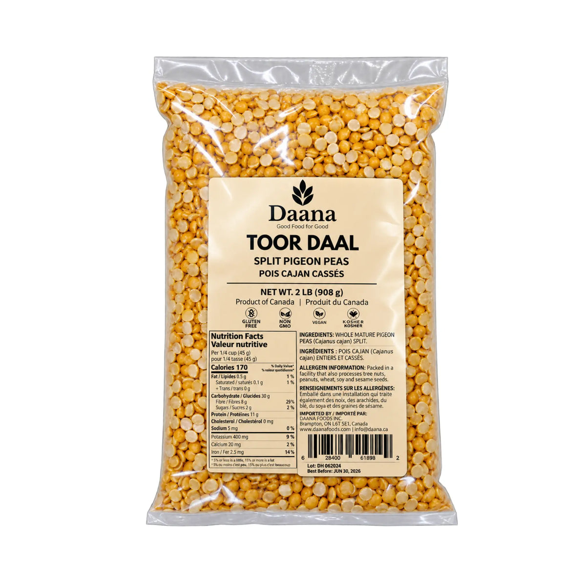 DAANA Toor Daal split pigeon peas 2 lb bag with nutrition facts and ingredients label