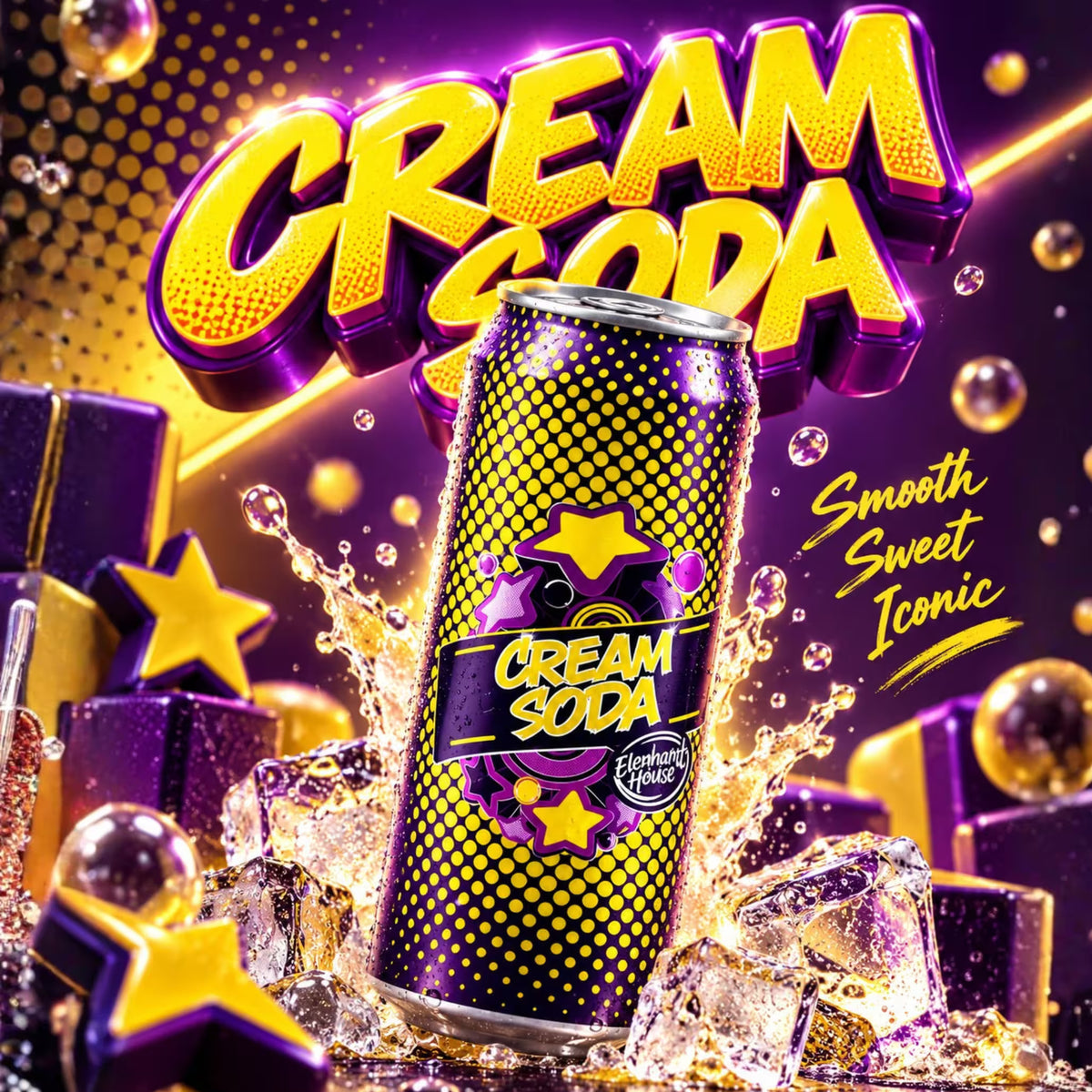 A single can of Cream Soda in the 'Smooth Sweet Iconic' flavor, styled with ice cubes and a dramatic purple and gold splash effect. The background features bold, stylized text reading 'CREAM SODA' in a retro comic-book font.