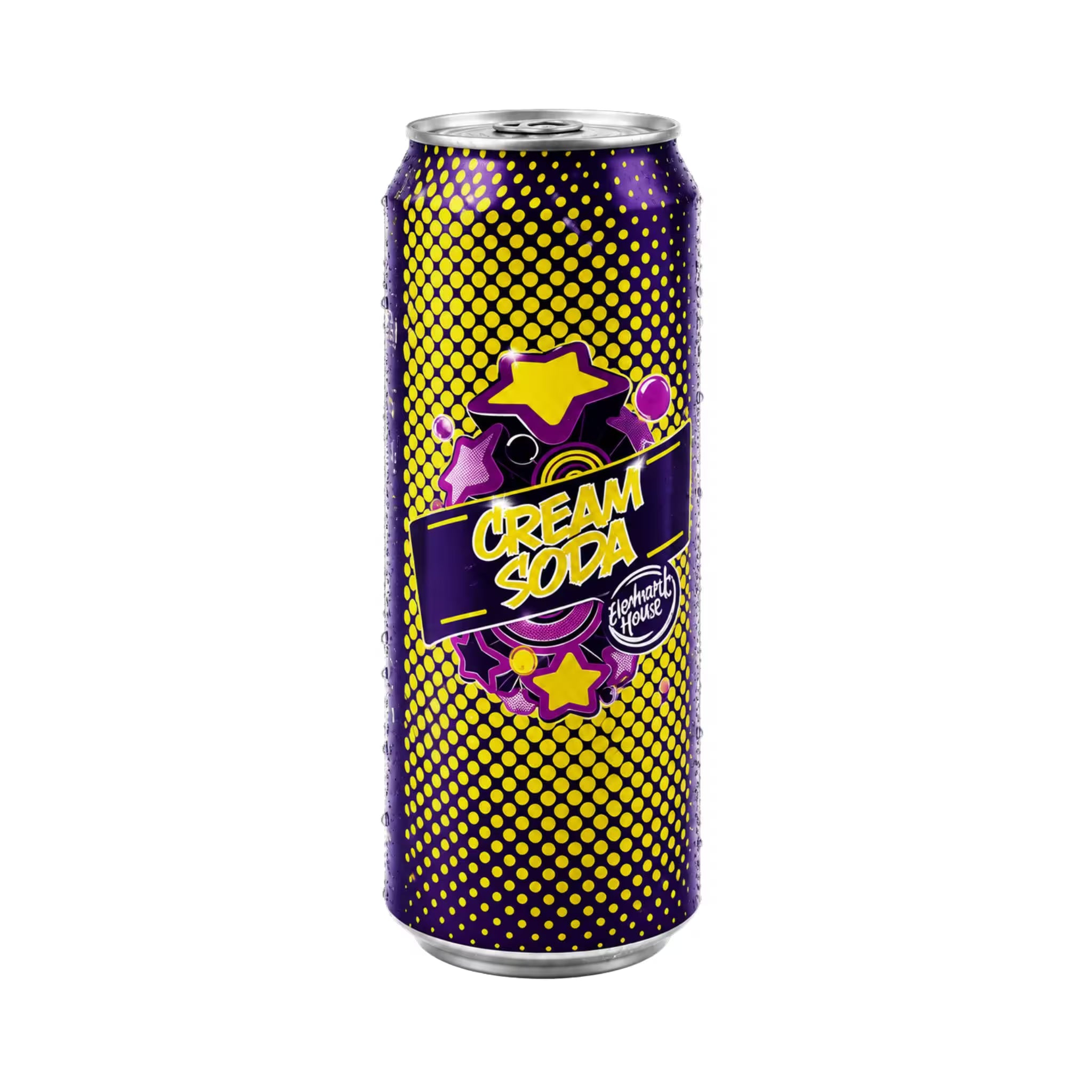 A single aluminum can of Cream Soda with a purple and yellow halftone pattern, featuring a central purple label with yellow text and cartoon stars, on a plain white background.