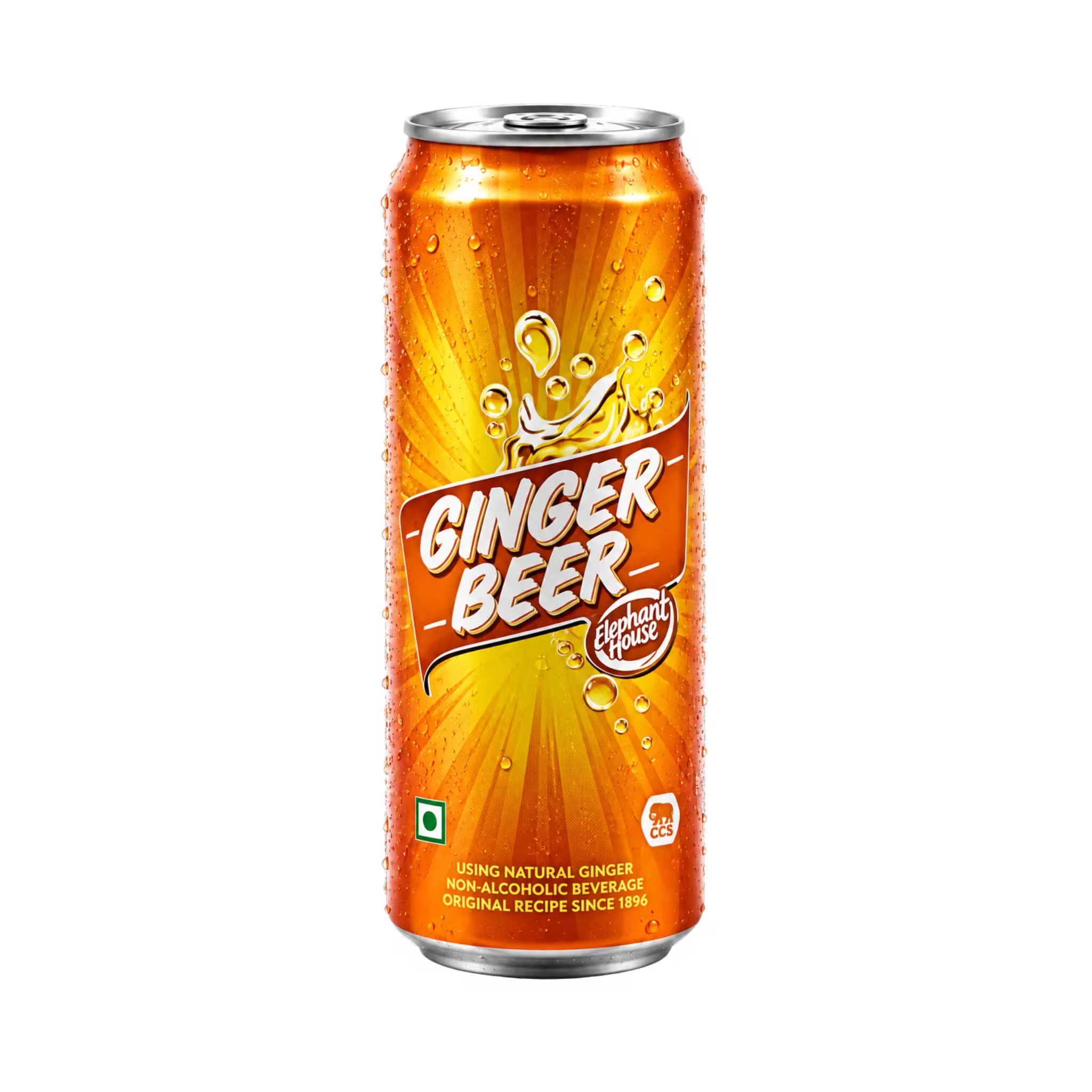 A single can of Ginger Beer non-alcoholic beverage on a plain white background. The can features a bright orange and yellow label with a sunburst design, condensation droplets, and the words 'GINGER BEER' in large white letters.