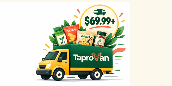 A stylized yellow and green Taprovan delivery truck carrying assorted snack packages, noodles, tea, and a jar, with a large '$69.99+' price badge and decorative leaves on a light background.