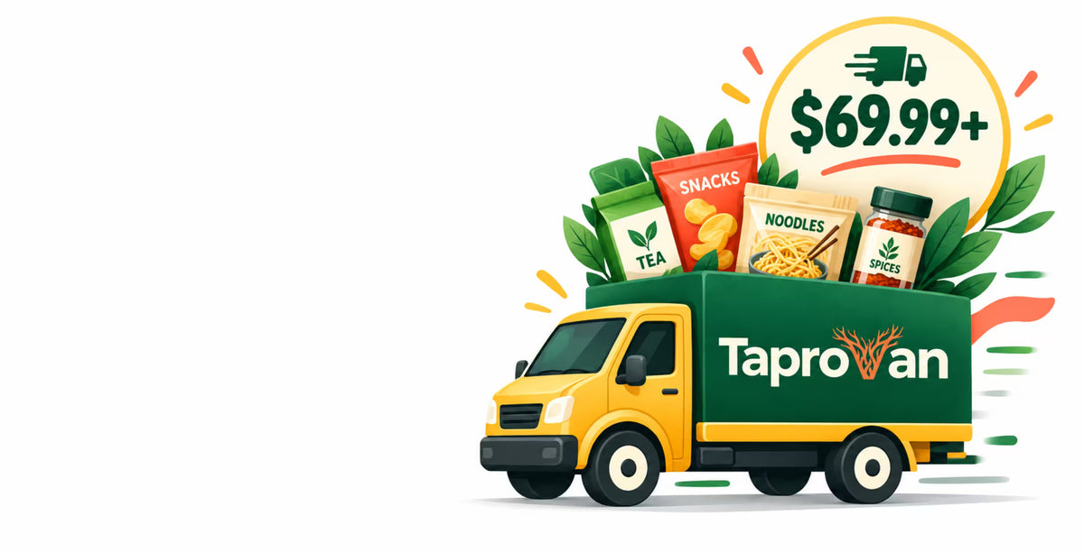 A stylized yellow and green delivery truck with the brand name 'Taprovan' on the side, filled with illustrated snacks, tea, noodles, and vegetables, plus a large '$69.99+' price badge above it on a white background.