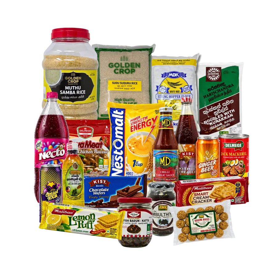 A variety of packaged grocery items arranged together on a plain white background, including rice, sugar, juices, biscuits, snacks, and canned goods. Visible brands include Golden Crop, Nestomalt, MD, Delhige, and Muthiri Samba Rice.