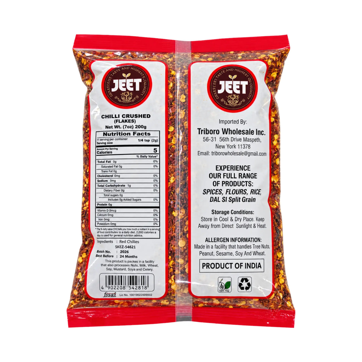 JEET Chilli Crushed (Flakes) pouch back with Nutrition Facts, ingredients and importer details