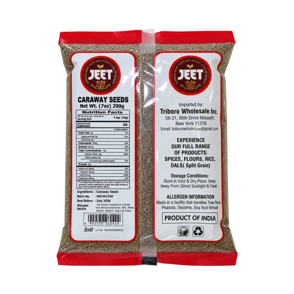 JEET Caraway Seeds pouch back with Nutrition Facts, ingredients and importer details