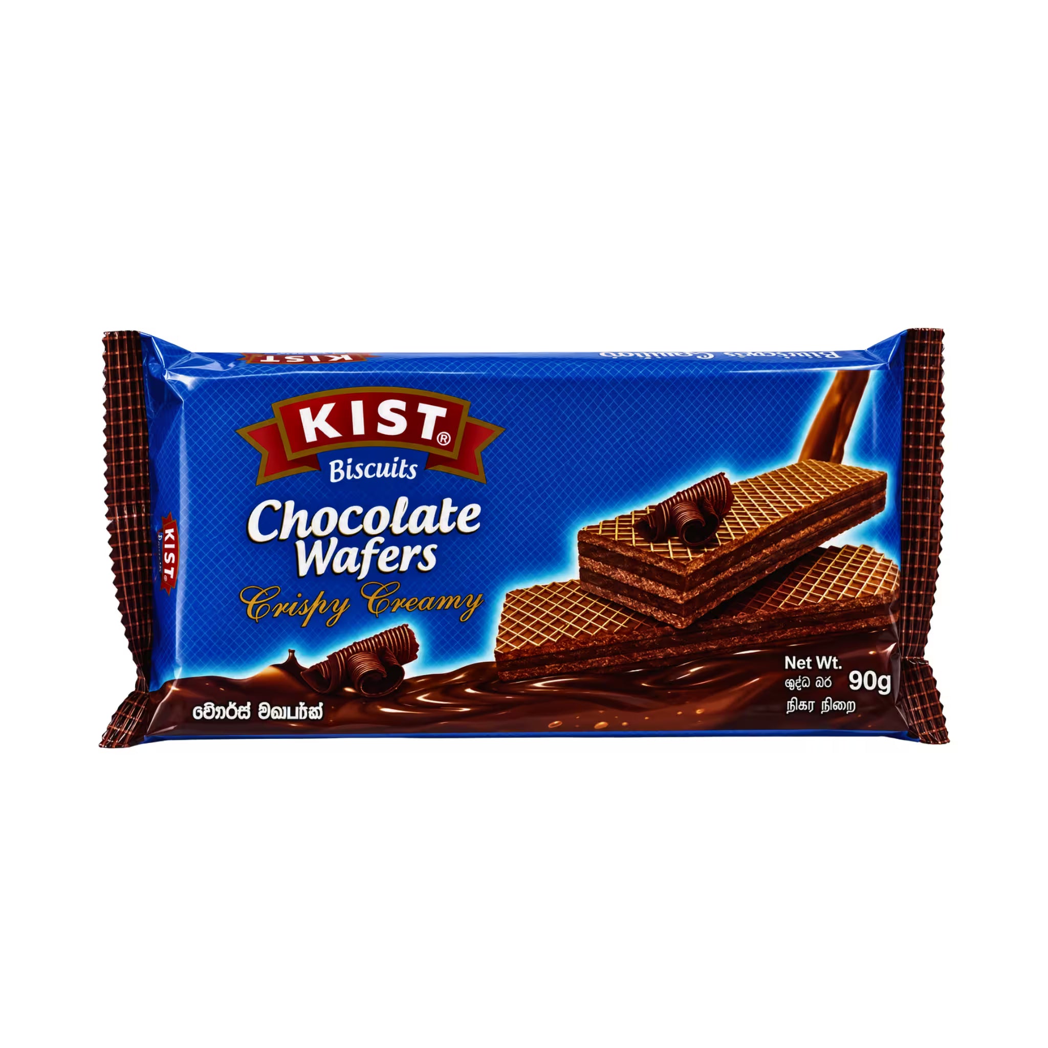 A 90g package of Kist Chocolate Wafers, featuring a blue wrapper with brown chocolate graphics and an illustration of chocolate-covered wafers.