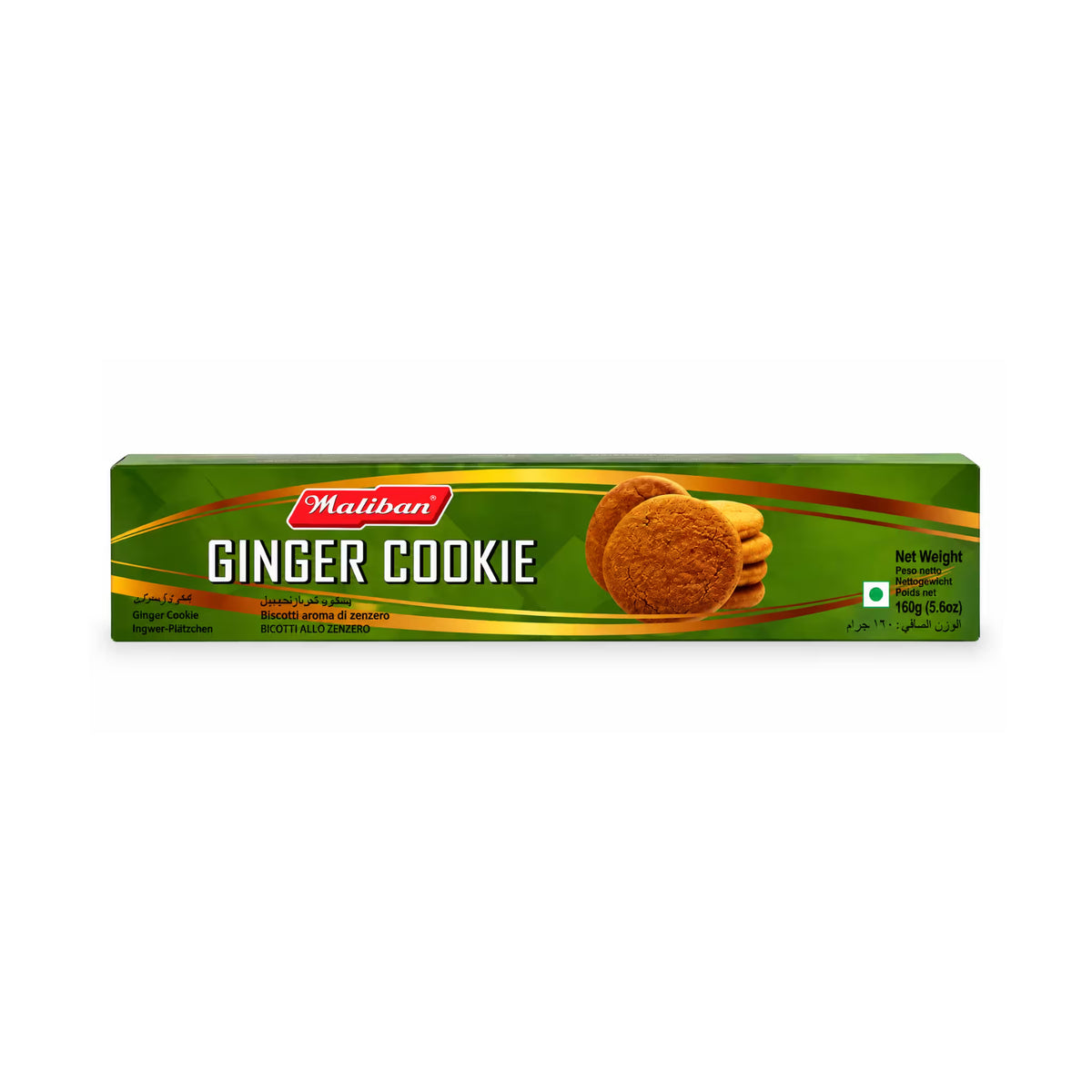 A rectangular box of Maliban Ginger Cookie on a plain white background. The packaging is primarily green with gold diagonal stripes, a red Maliban logo, and a photo of two ginger cookies on the front.