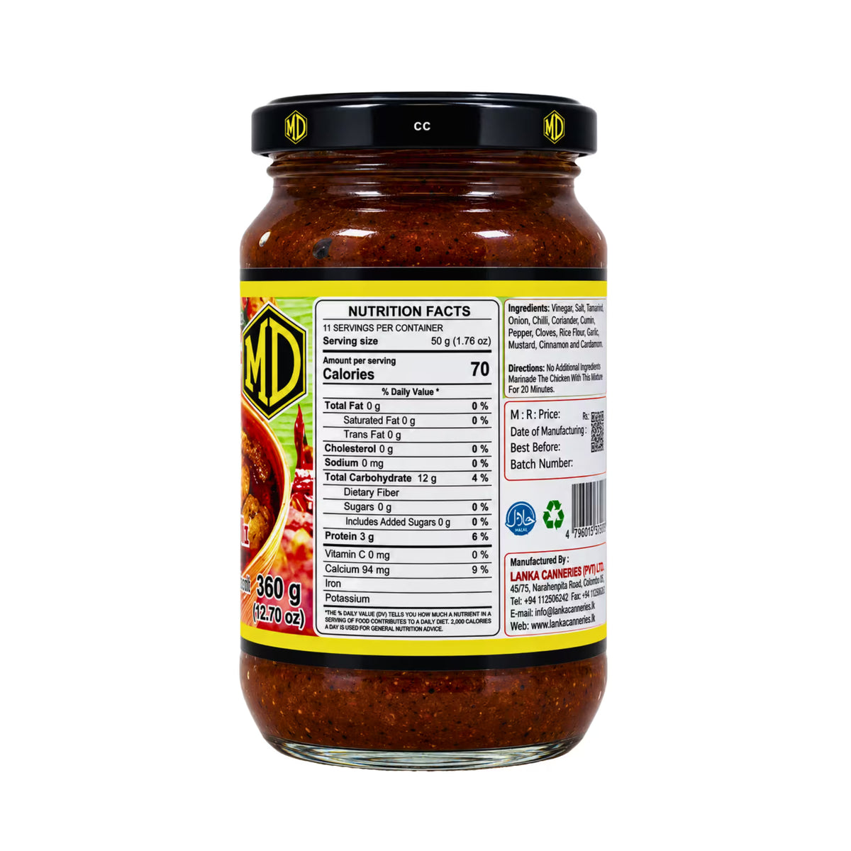 Back label of MD Chicken Curry Mix 360 g jar showing nutrition facts, ingredients, directions and manufacturer