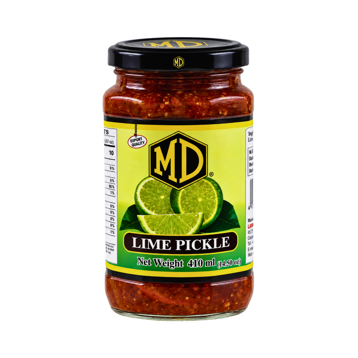MD Lime Pickle 410g glass jar of spicy Sri Lankan pickled lime with chilli