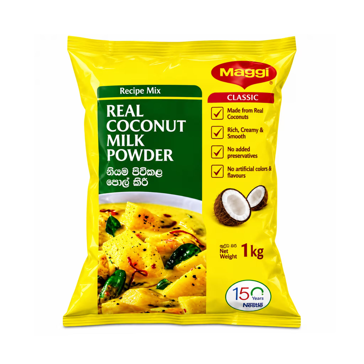 Maggi Real Coconut Milk Powder 1 kg bag, made from real coconuts, front of pack