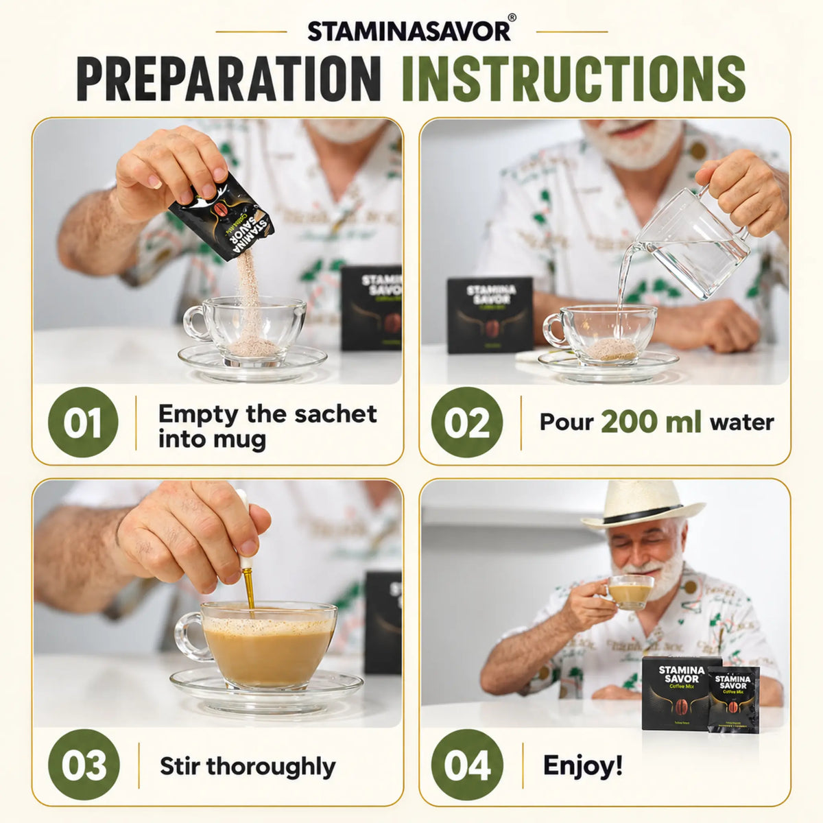 Stamina Savor Coffee Mix preparation steps: empty sachet, add 200 ml water, stir