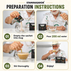 Stamina Savor Coffee Mix preparation steps: empty sachet, add 200 ml water, stir