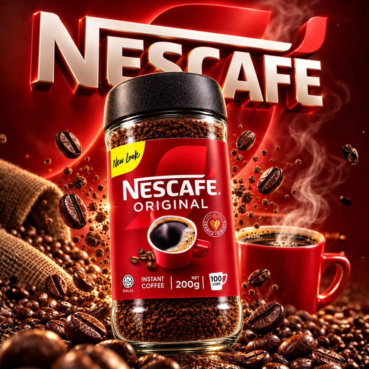 A jar of Nescafe Original instant coffee stands prominently in the center, surrounded by scattered coffee beans, a red coffee mug with steam, and a burlap sack on a red background with a large Nescafe logo.