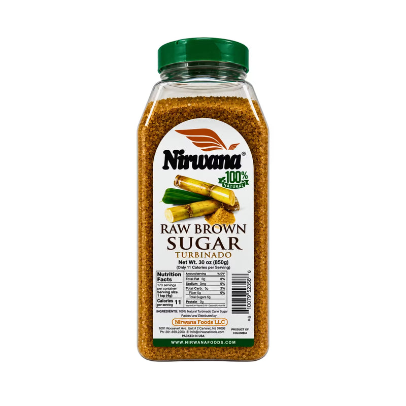 NIRWANA Raw Brown Sugar (turbinado) 850 g jar — front label