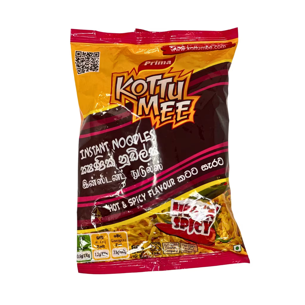 A bag of Kottu Mee Prima Instant Noodles, Hot & Spicy Flavour, featuring a yellow and dark red packaging design with a clear window showing the yellow noodles inside.