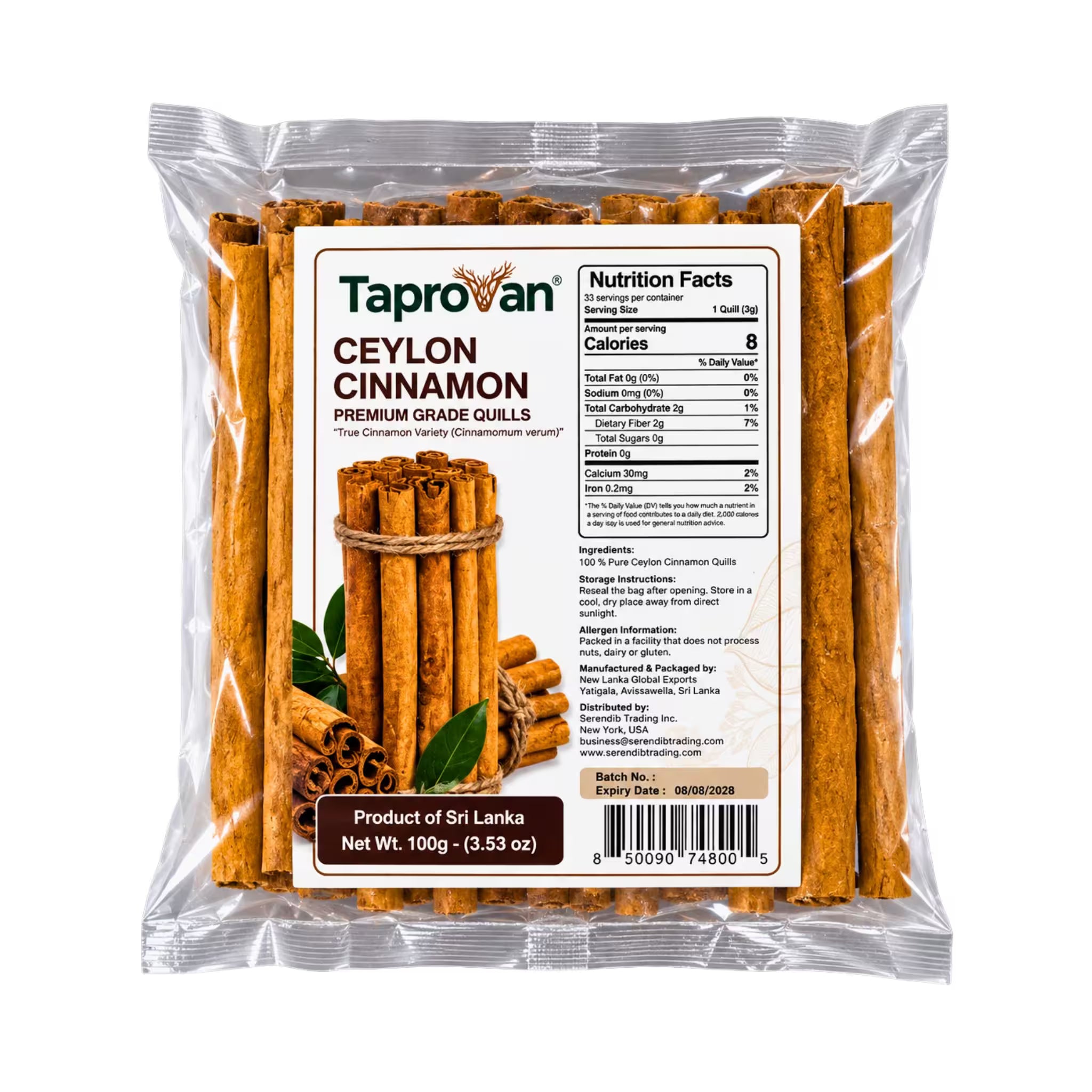 Taprovan Ceylon Cinnamon Premium Grade Quills 100 g bag, front, with Nutrition Facts and ingredient panel