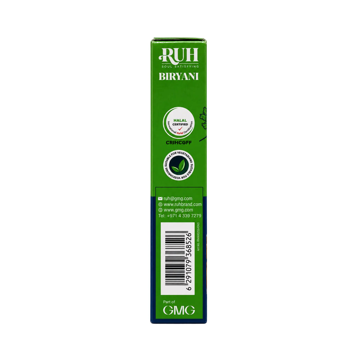 RUH Biryani Seasoning Mix box side with halal and vegetarian marks and barcode