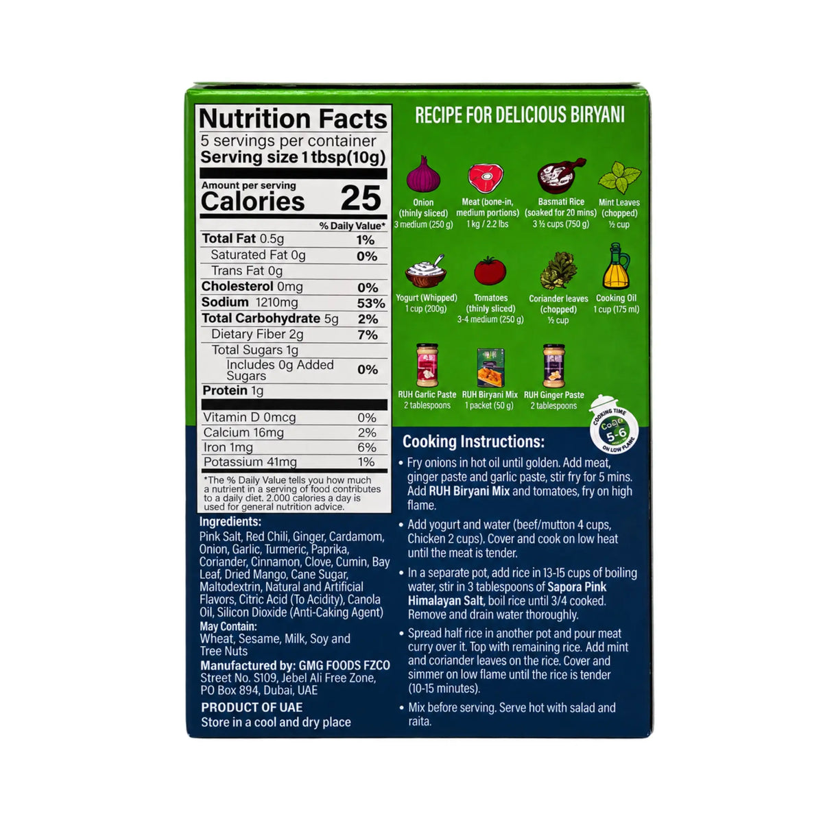 RUH Biryani Seasoning Mix box back with nutrition facts, ingredients and recipe