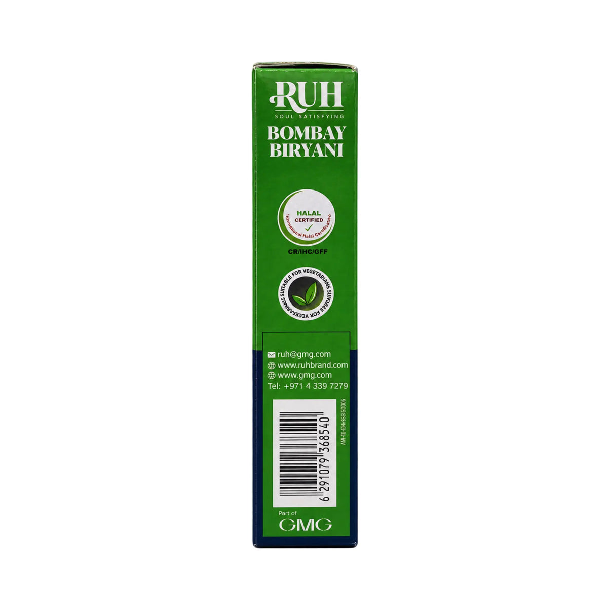 RUH Bombay Biryani Seasoning Mix box side with halal and vegetarian marks and barcode