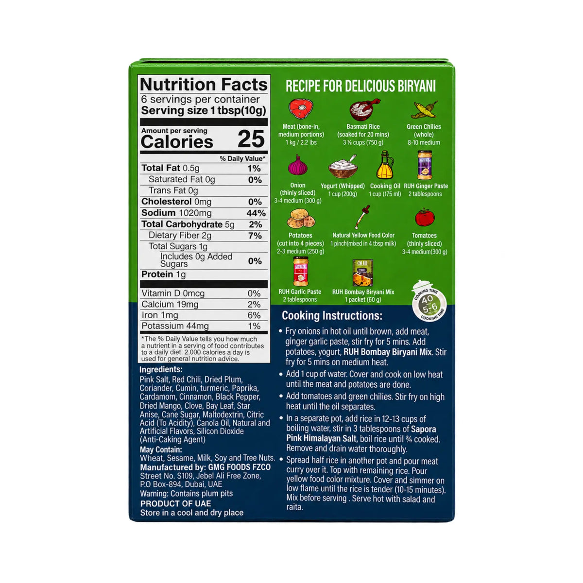 RUH Bombay Biryani Seasoning Mix box back with nutrition facts, ingredients and recipe