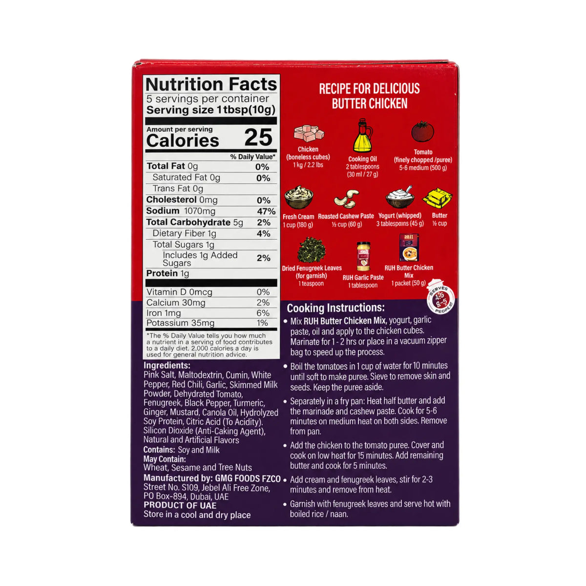 RUH Butter Chicken Seasoning Mix box back with nutrition facts, ingredients and recipe