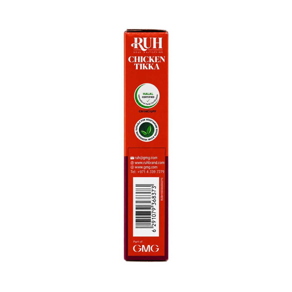 RUH Chicken Tikka Seasoning Mix box side with halal and vegetarian marks and barcode