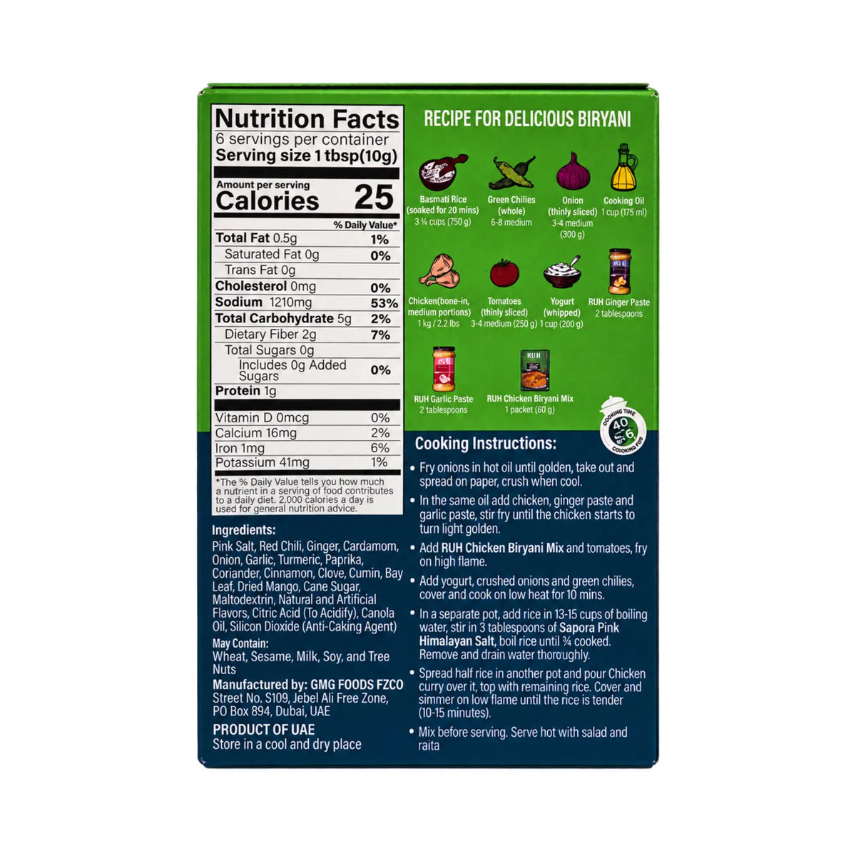RUH Chicken Biryani Seasoning Mix box back with nutrition facts, ingredients and recipe