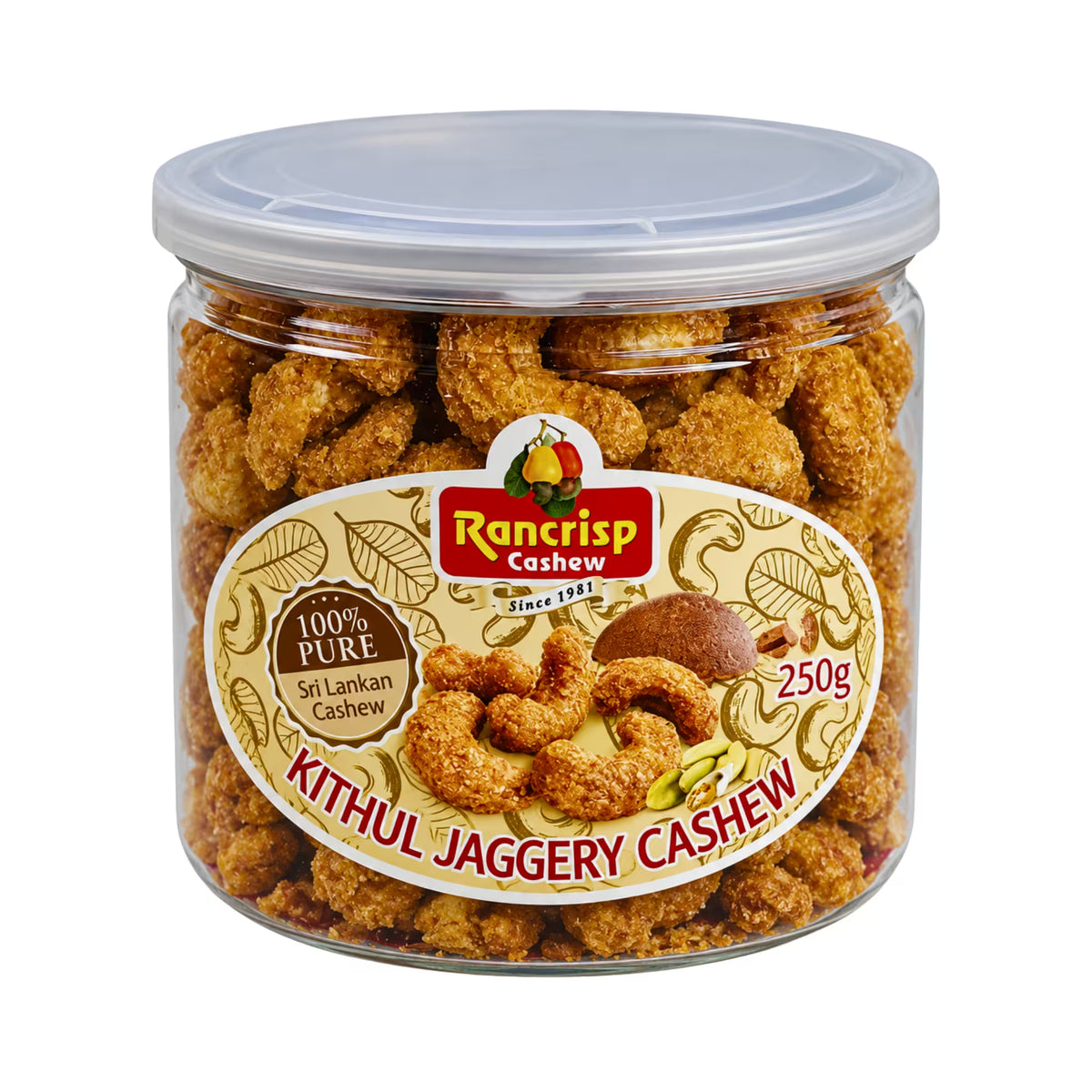 Rancrisp Kithul Jaggery Cashew Nuts 250g clear tub of jaggery-coated Sri Lankan cashews