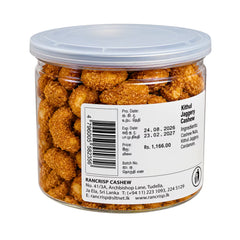 Back label of Rancrisp Kithul Jaggery Cashew showing ingredients, barcode and Rancrisp Cashew address