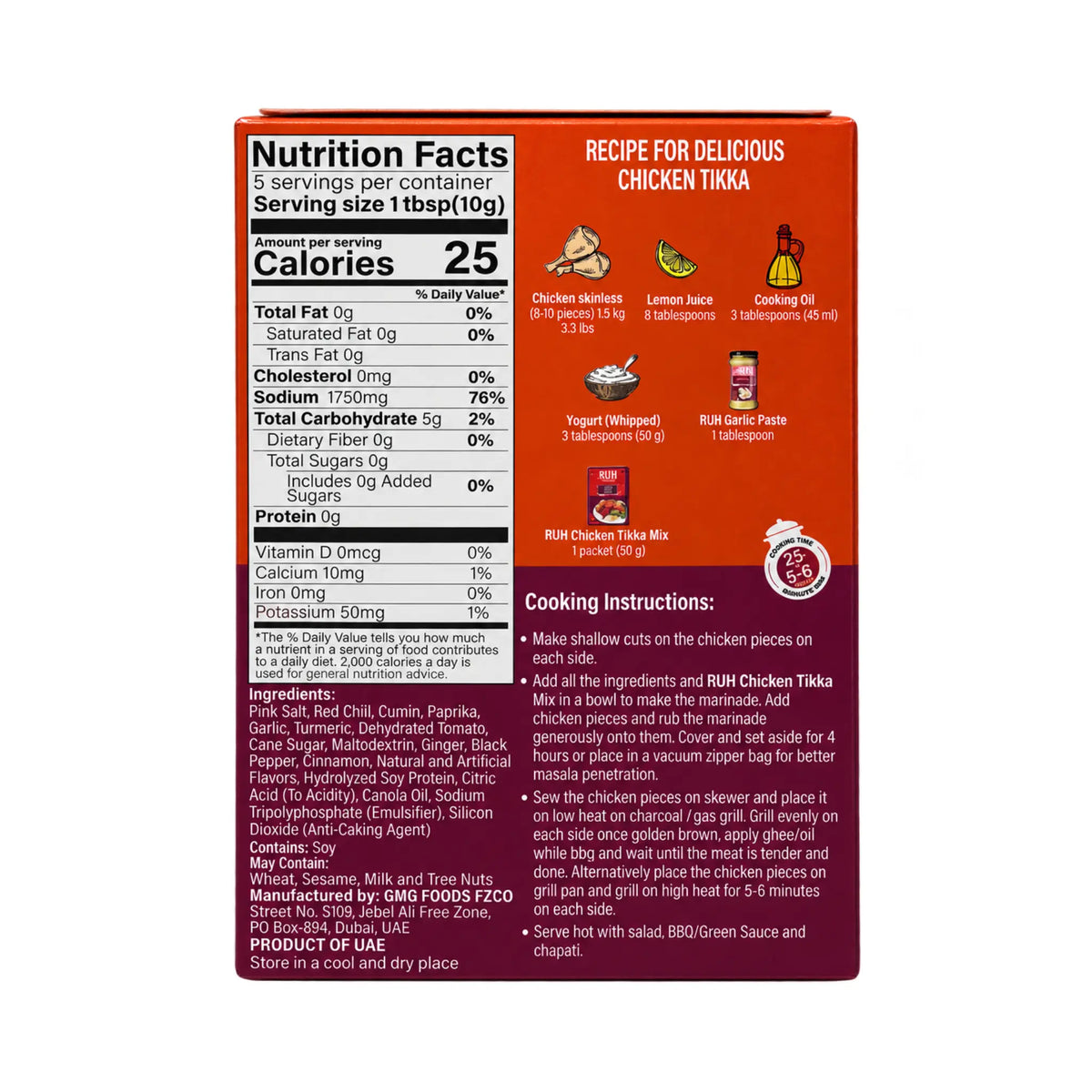 RUH Chicken Tikka Seasoning Mix box back with nutrition facts, ingredients and recipe