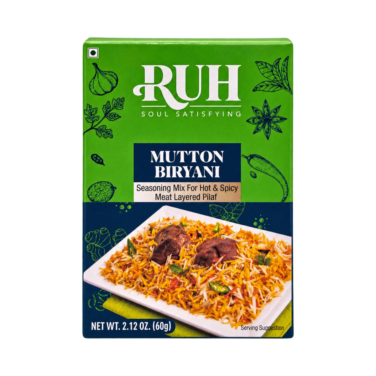RUH Mutton Biryani Seasoning Mix 60g green box, front