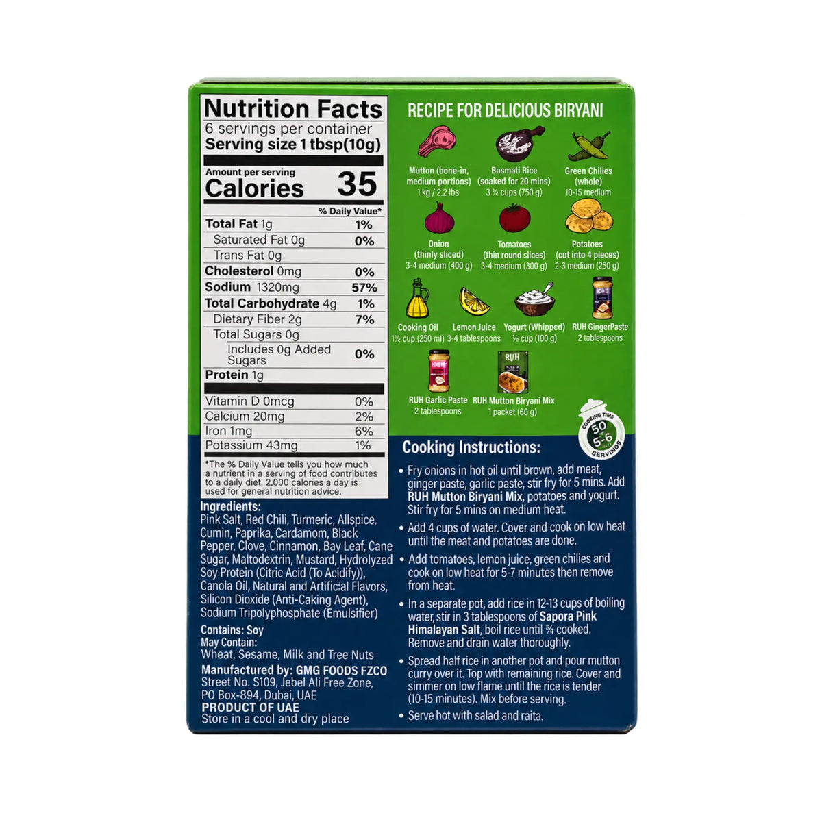 RUH Mutton Biryani Seasoning Mix box back with nutrition facts, ingredients and recipe